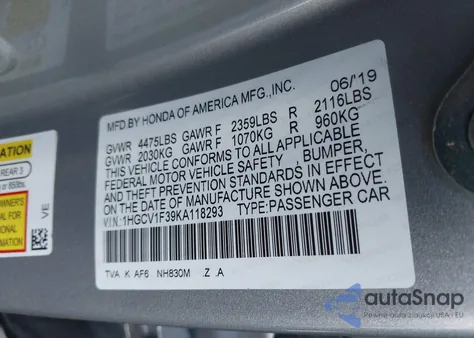2019 Honda Accord Sport from USA, damaged, VIN 1HGCV1F3XKA095137
